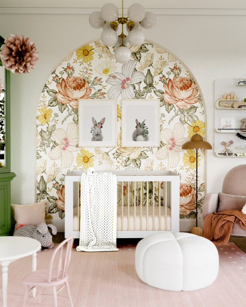 Nursery with arched floral wallpaper white crib and bunny prints