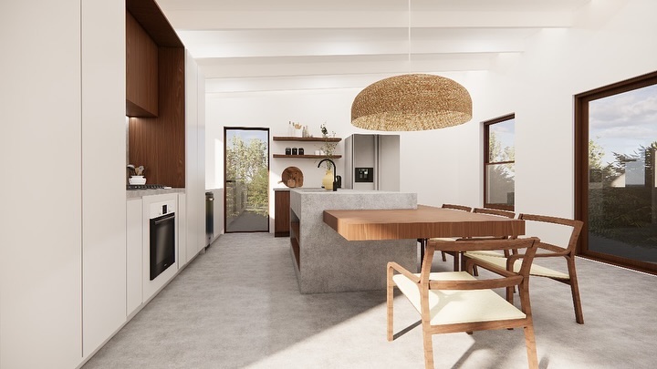 Kitchen with concrete floors and wooden accents featuring woven pendant light