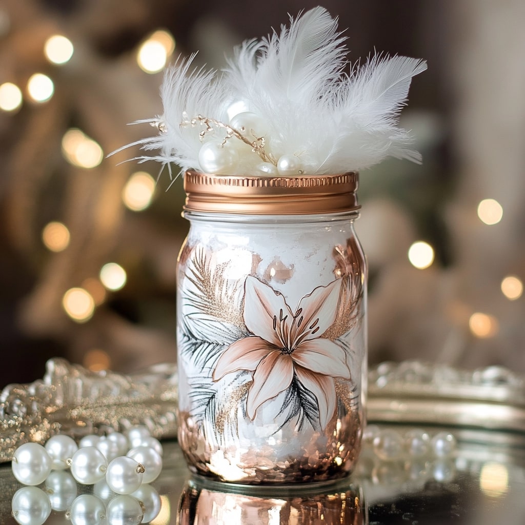 Painted mason jar with rose gold lily design and pearl feather crown