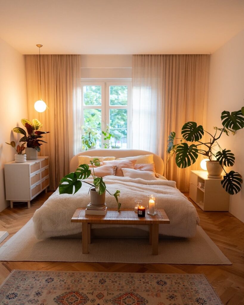 Minimalist bedroom with monstera plants white bedding and warm lighting