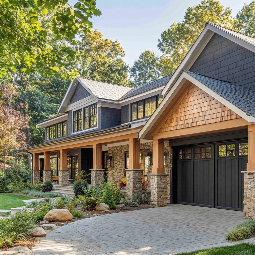Large craftsman house with stone pillars wraparound porch and natural landscaping