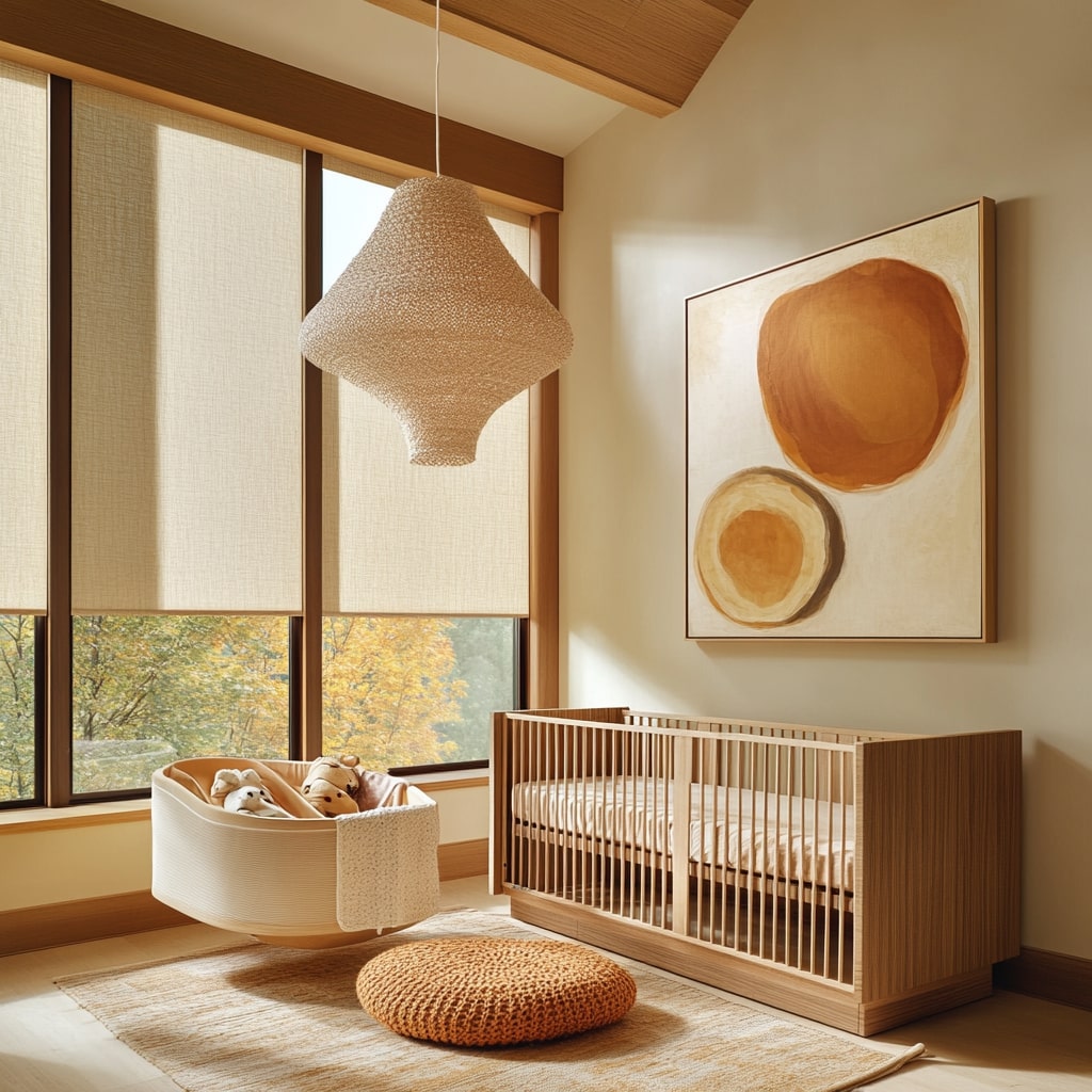 Modern nursery with wooden crib abstract art and earth tones