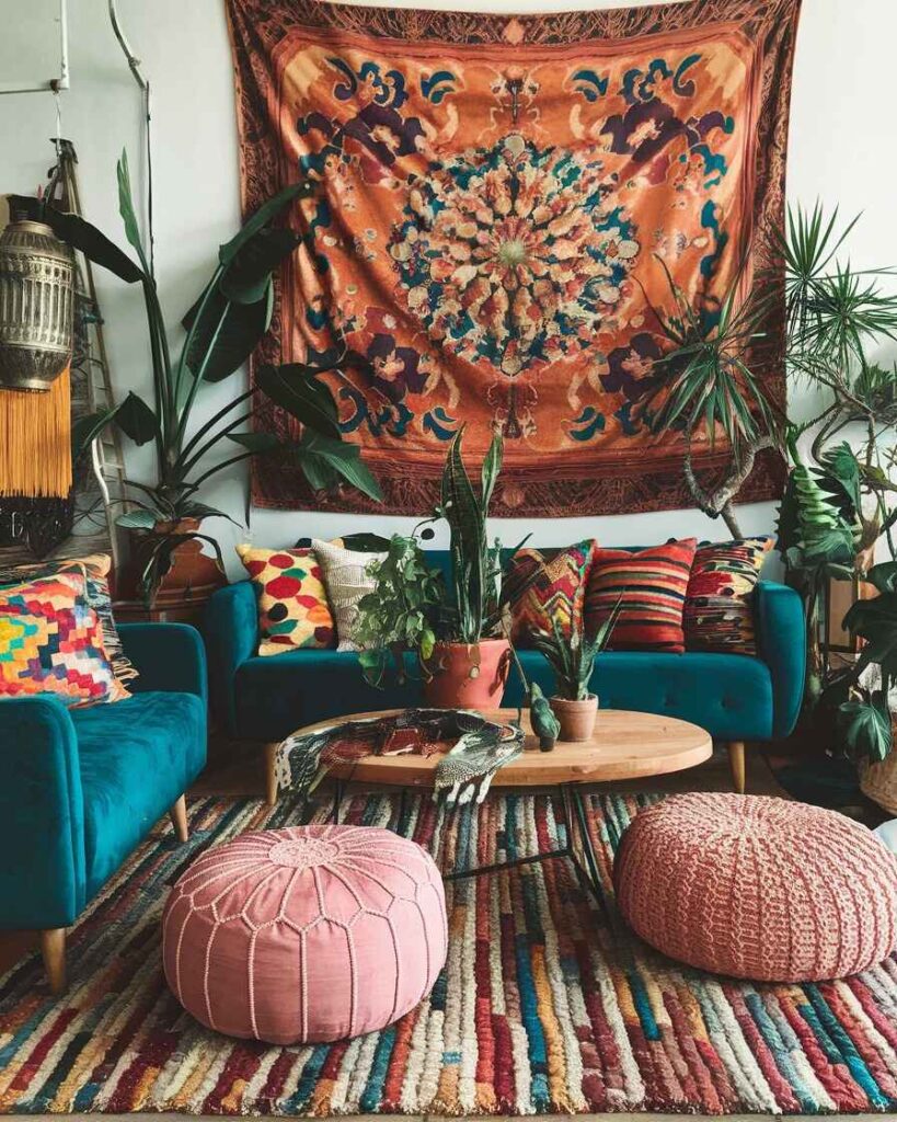 Teal velvet sofa with orange tapestry pink poufs and tropical plants