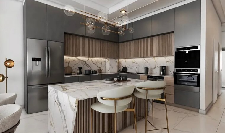  Modern kitchen with fluted details marble counters and bubble chandelier