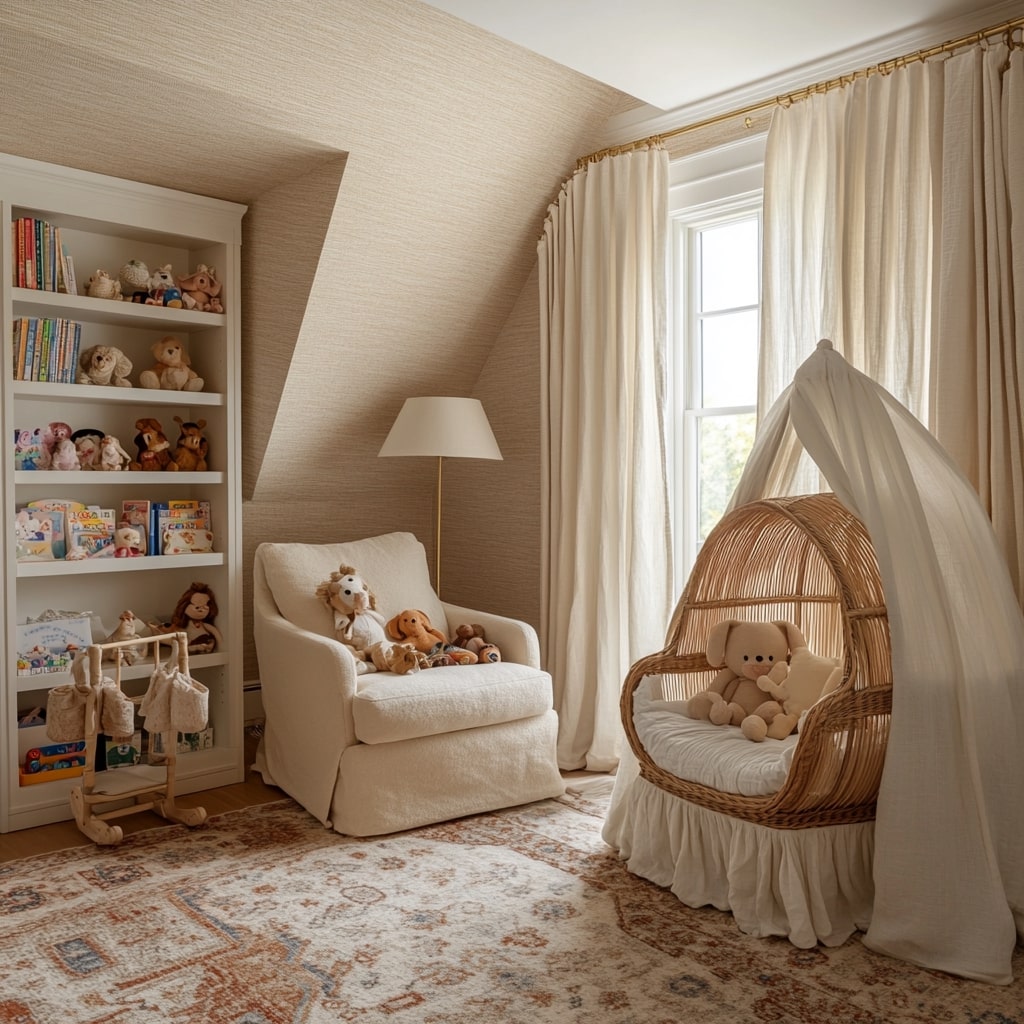 Nursery reading corner with rattan swing chair and built in bookshelf