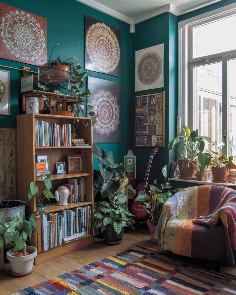 Green room with mandala art wooden bookshelf and tropical plants