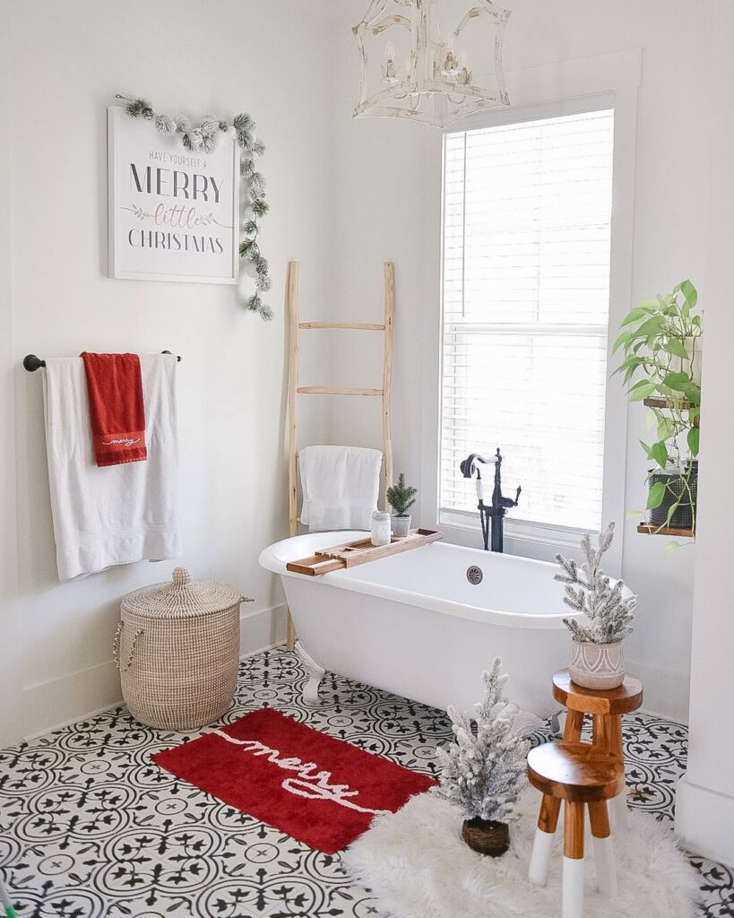 White bathroom with holiday decor and patterned floor tiles