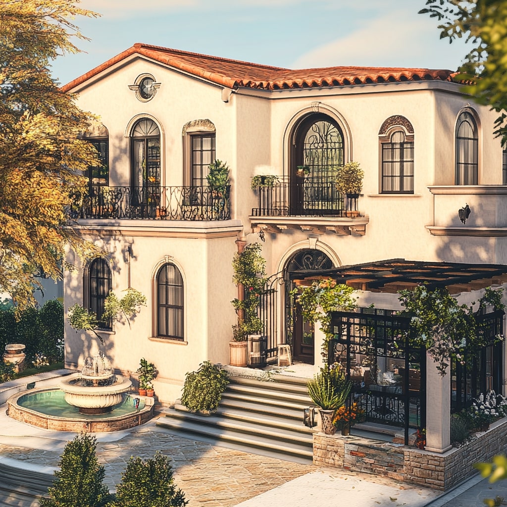 Spanish style villa with terracotta roof iron balconies and courtyard fountain