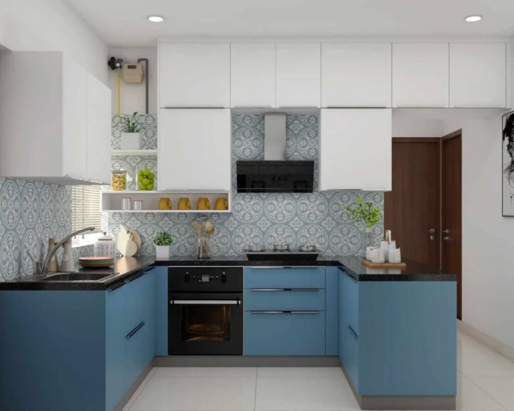  Modern kitchen with blue cabinets Moroccan tile backsplash and black counters