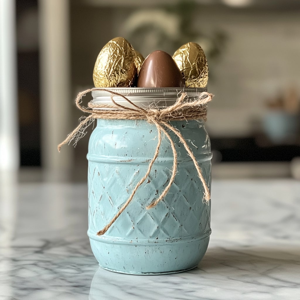 Mint painted quilted mason jar with chocolate Easter eggs and twine bow