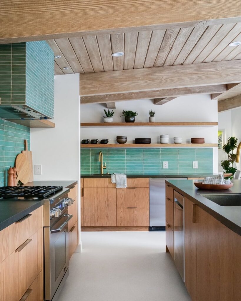 Kitchen with wood ceiling aqua tiles and floating shelves