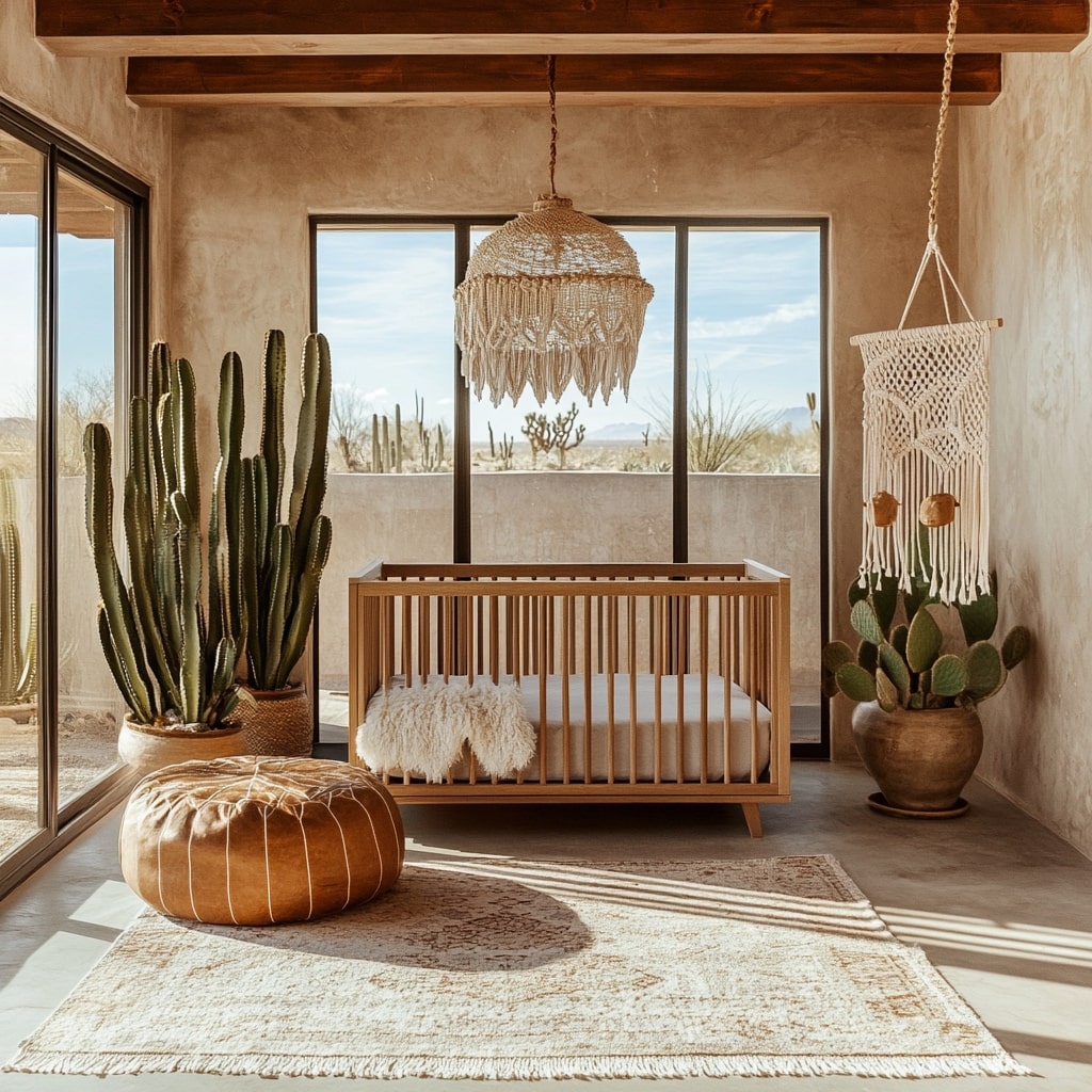 Modern desert nursery with cacti wooden crib and macrame decor