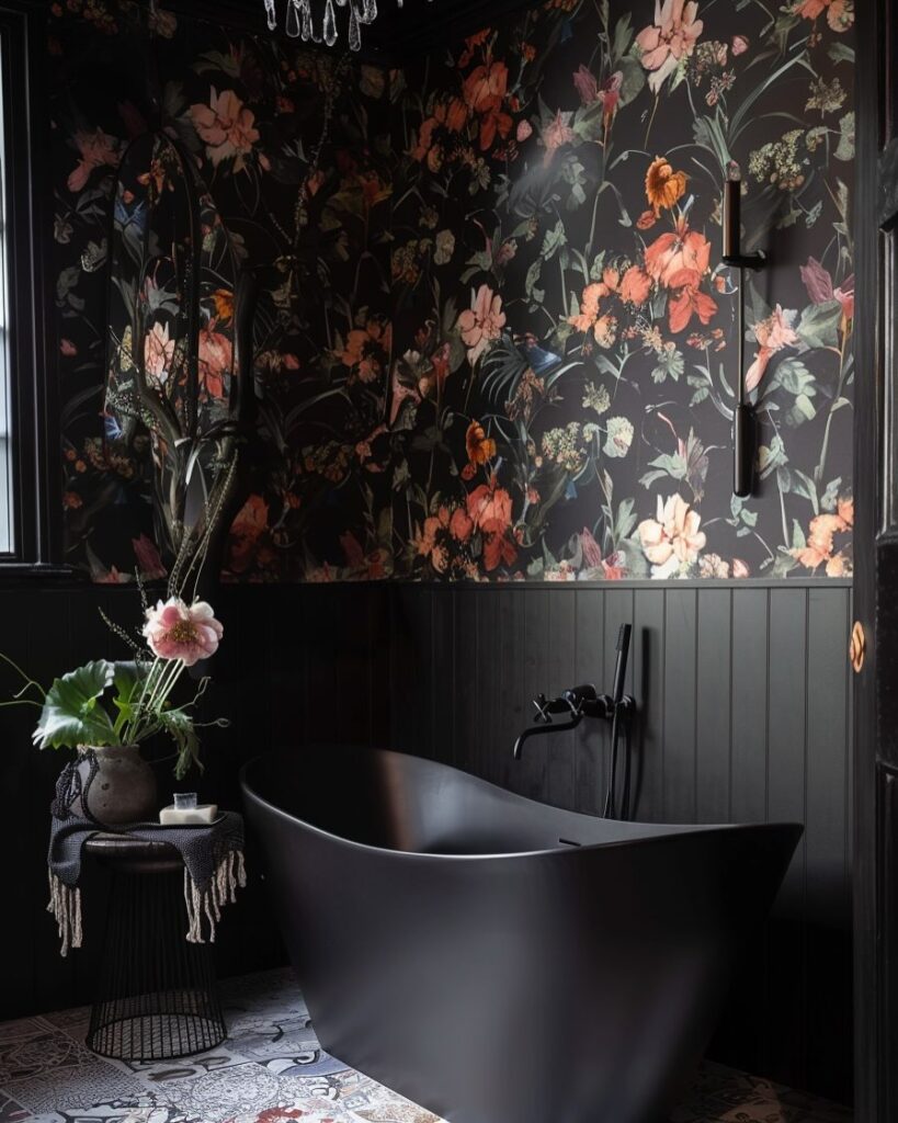 Dark bathroom with floral wallpaper and black bathtub