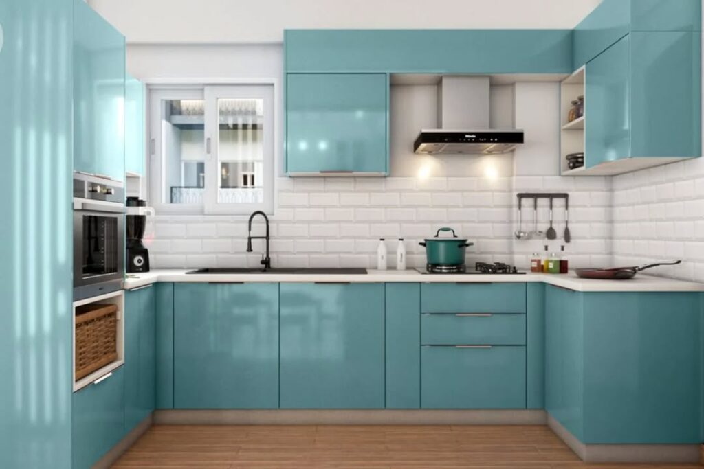  Contemporary aqua kitchen with white subway tile and black hardware