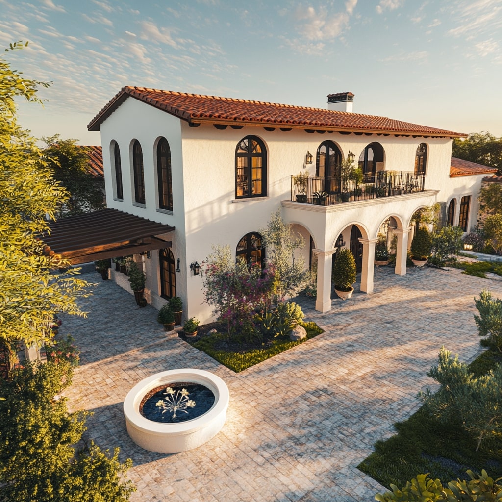 White Spanish colonial house with arched walkway and circular fountain