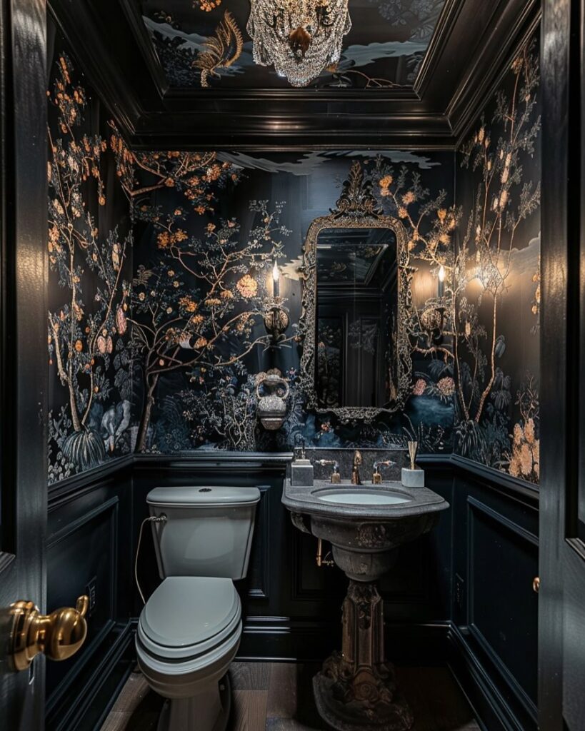 Gothic bathroom with black walls and floral wallpaper