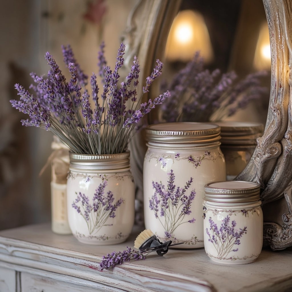 Set of white mason jars painted with lavender designs containing dried flowers