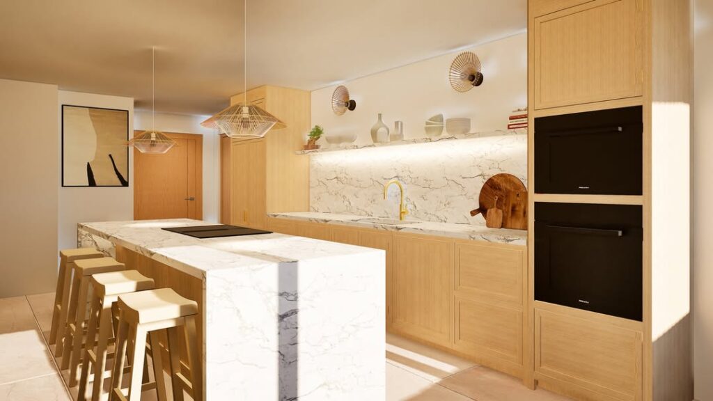 Modern kitchen featuring marble surfaces and geometric lighting