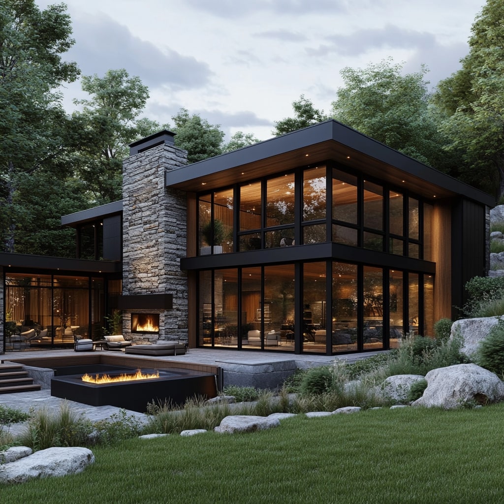 Modern black house with stone fireplace glass walls and outdoor fire pit
