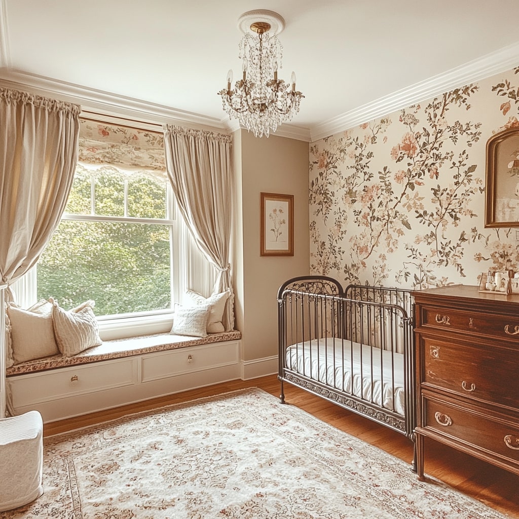  Traditional nursery with window seat iron crib and floral wallpaper