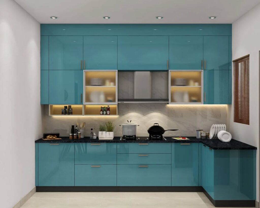 Modern turquoise kitchen with illuminated shelving and marble backsplash