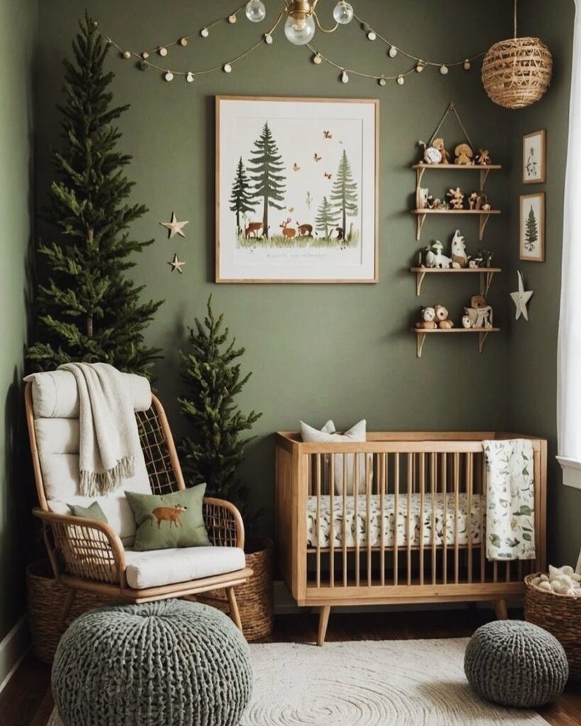 Forest themed nursery with green walls wooden crib and pine trees