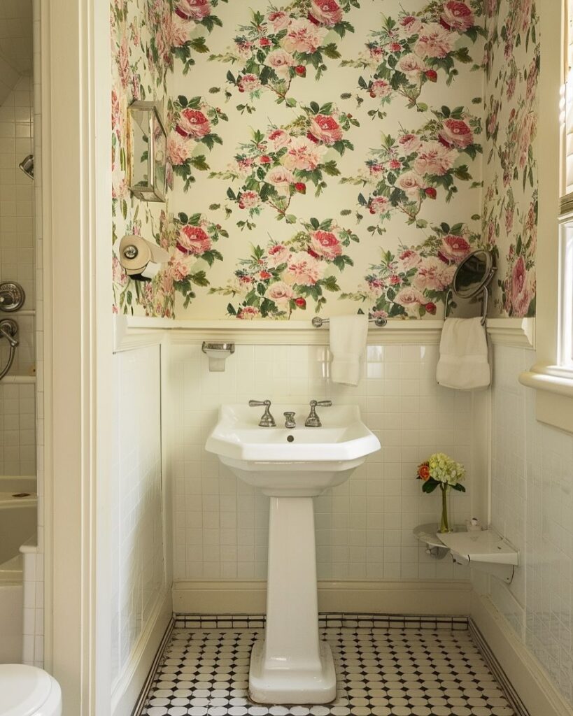 Traditional bathroom with rose wallpaper and pedestal sink