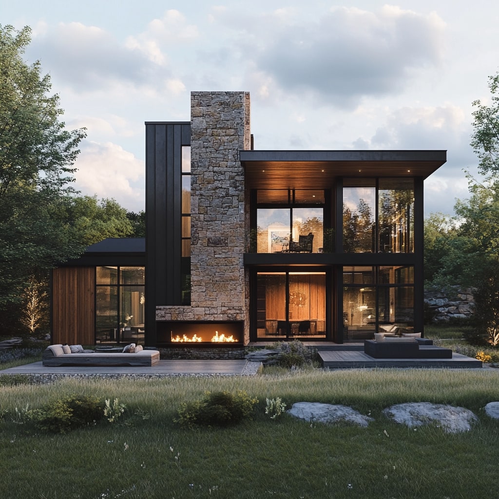 Modern house with stone chimney linear fireplace and floating concrete platforms
