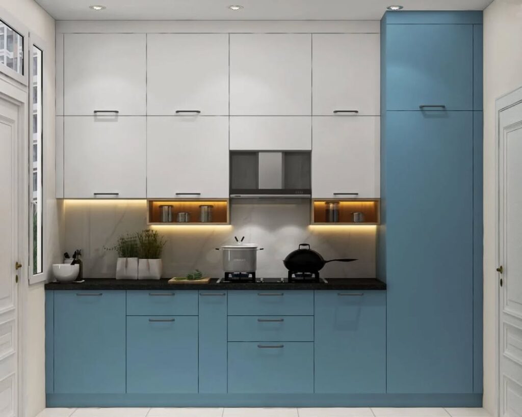 Two tone kitchen with blue lower cabinets and white uppers with LED lighting