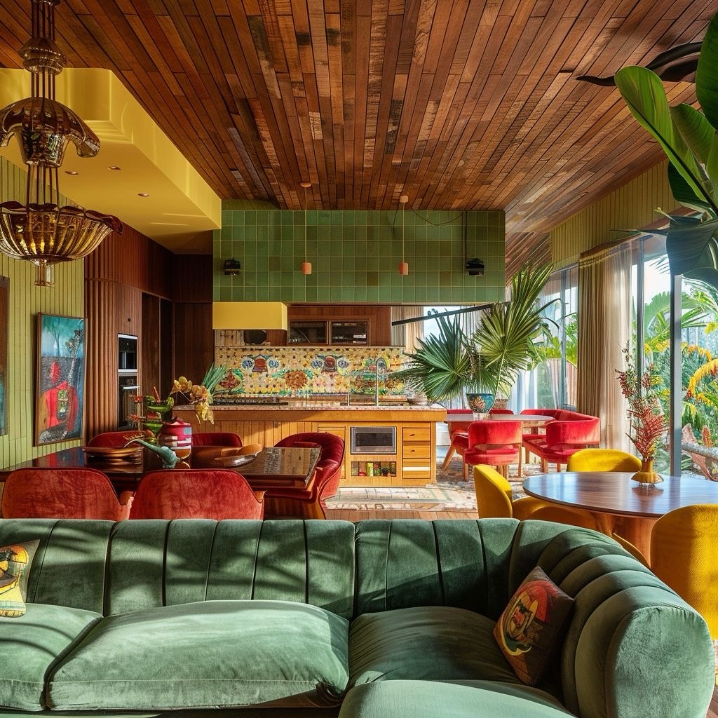 Green velvet sofa coral chairs wooden ceiling and tropical decor