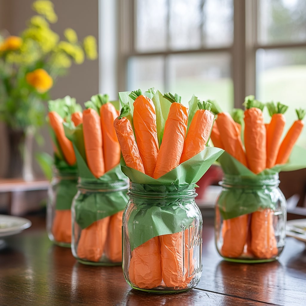 Mason jars wrapped as carrots with orange paper and green tissue tops