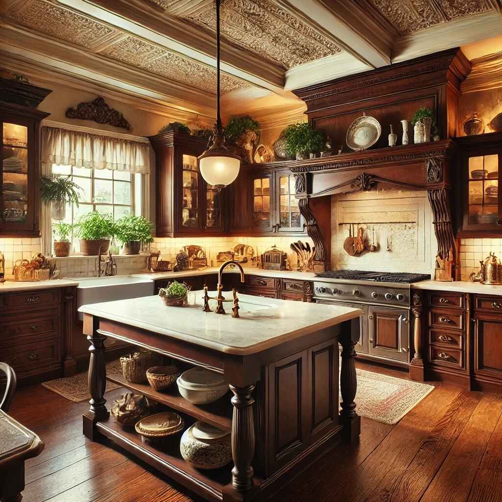 Victorian kitchen with dark wood cabinets and ornate details