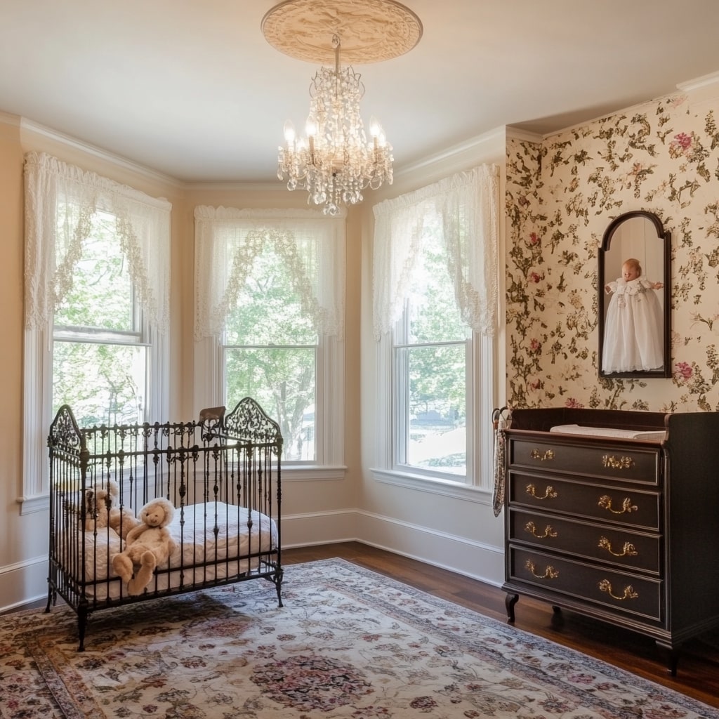 Victorian nursery with iron crib crystal chandelier and antique dresser