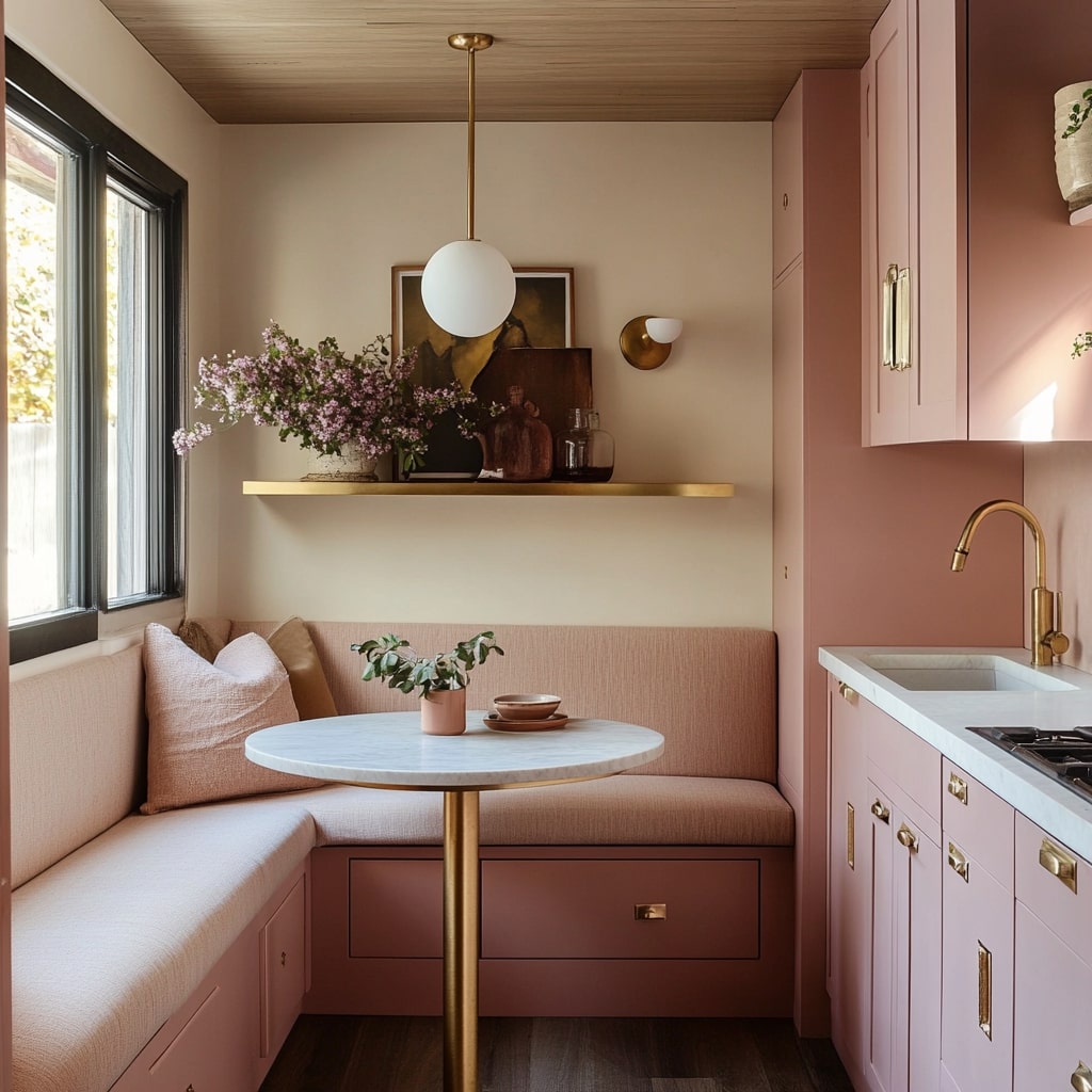 Pink kitchen with built-in bench seating and brass accents