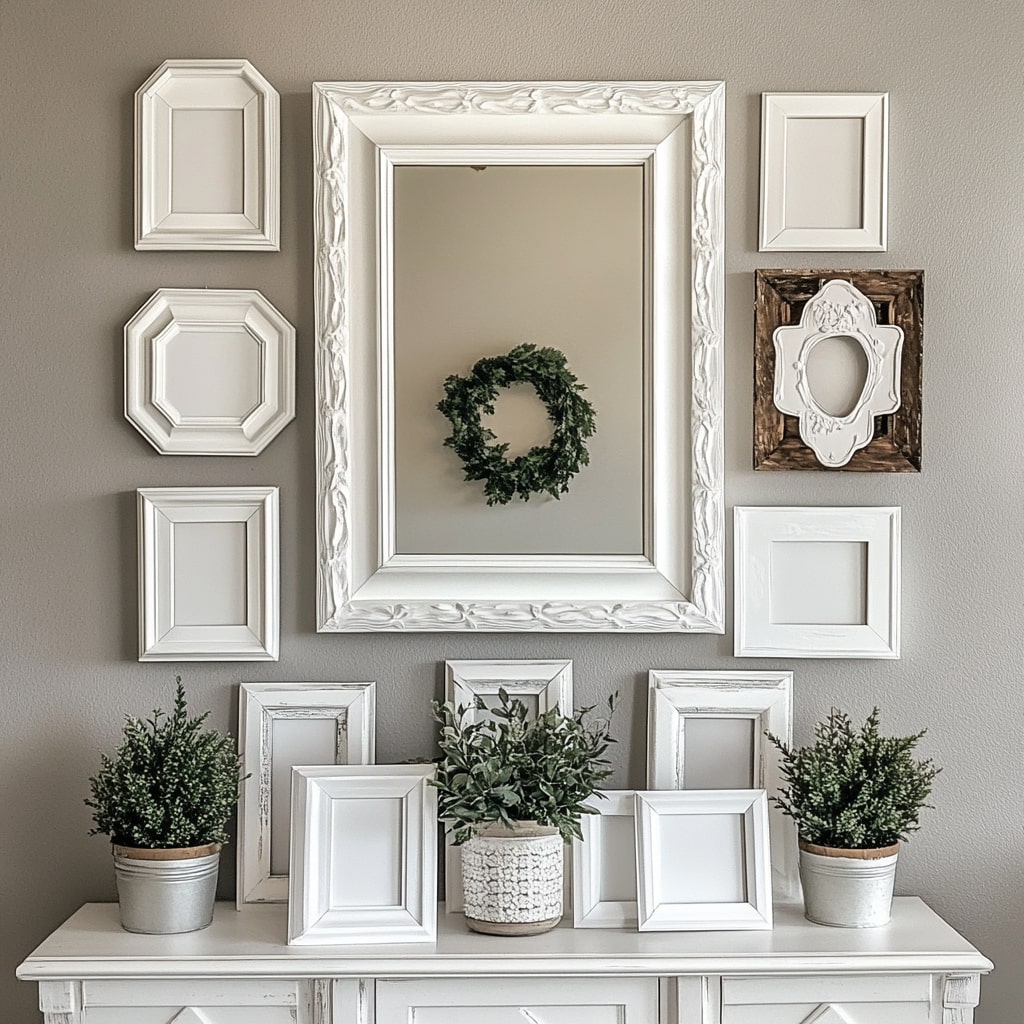  White frame gallery wall with boxwood wreath and potted greenery