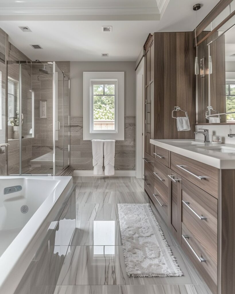 : Modern gray bathroom with wood vanity and glass shower