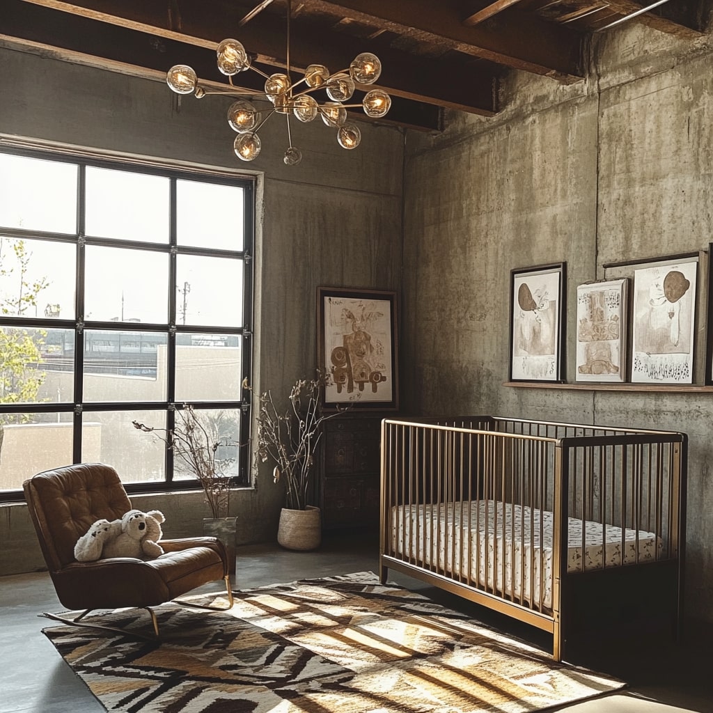  Industrial nursery with concrete walls modern lighting and leather chair