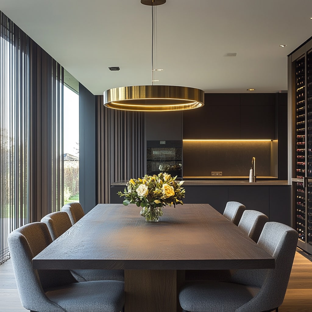 Dark modern dining room with brass chandelier and floral centerpiece