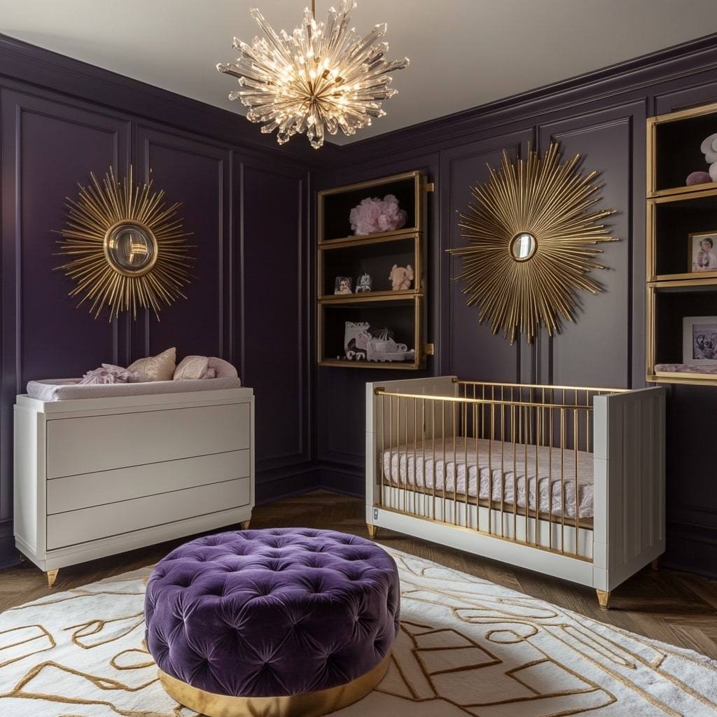 Modern nursery with dark purple walls gold accents and statement lighting
