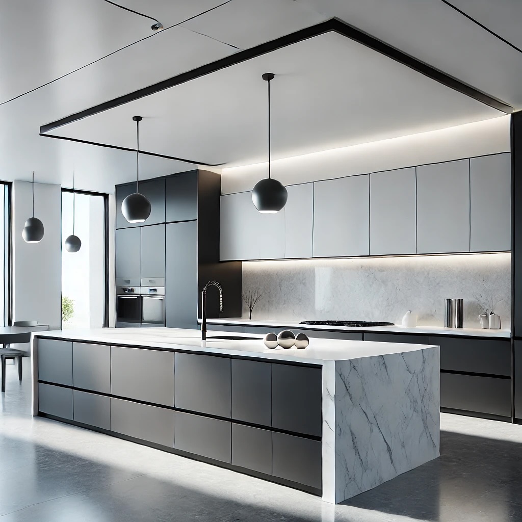 Modern minimalist kitchen with gray cabinets and marble island