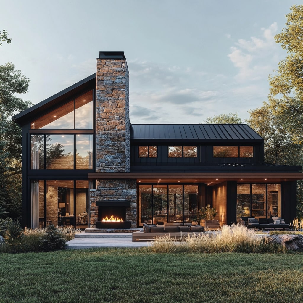 Modern black house with angled roof stone fireplace and glass walls
