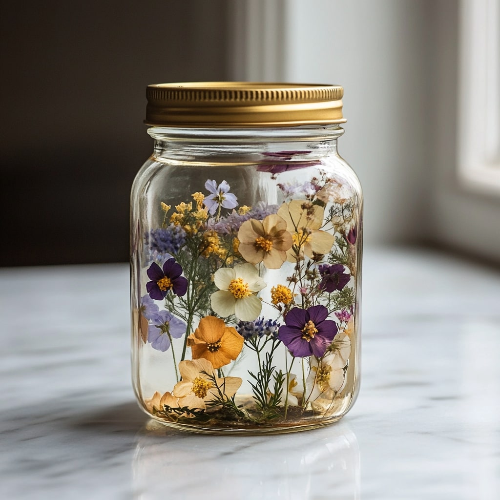 Mason jar filled with pressed wildflowers in purple yellow and white