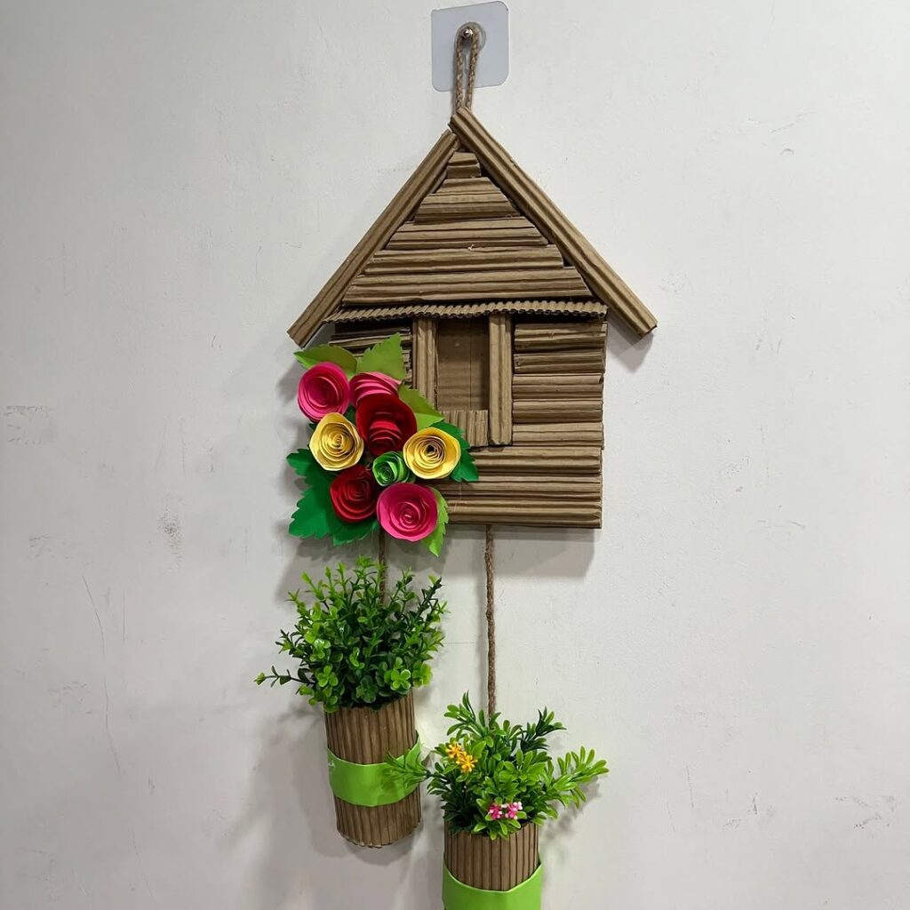  Wooden birdhouse wall decor with paper flowers and hanging planters