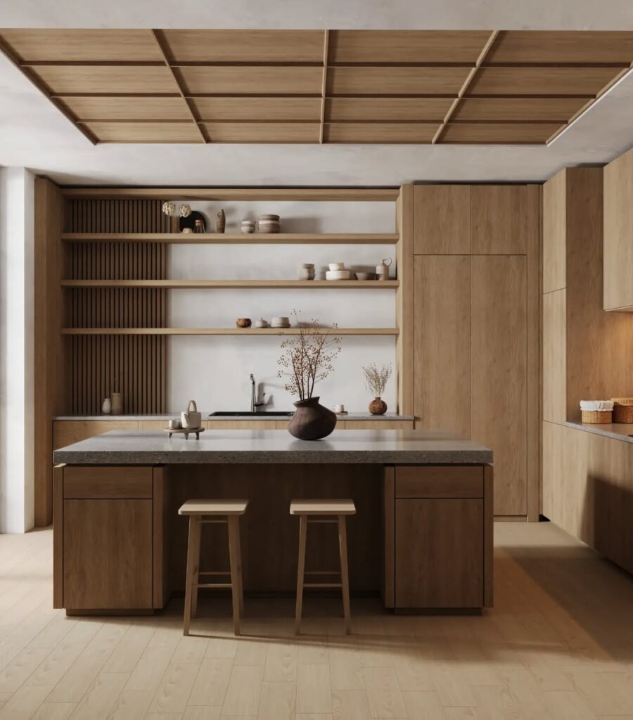 Kitchen featuring wooden grid ceiling and concrete countertops