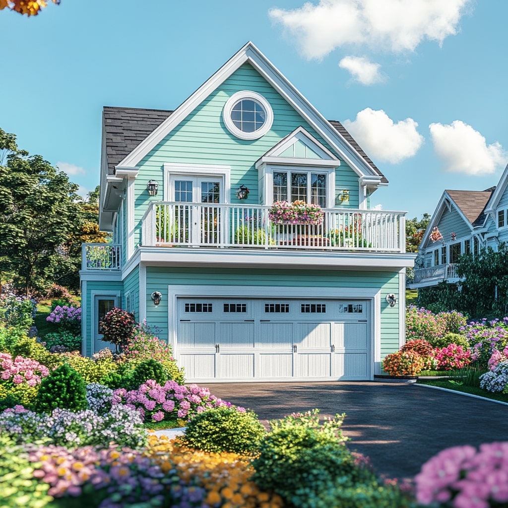 Mint green carriage house with white trim balcony and colorful flower gardens