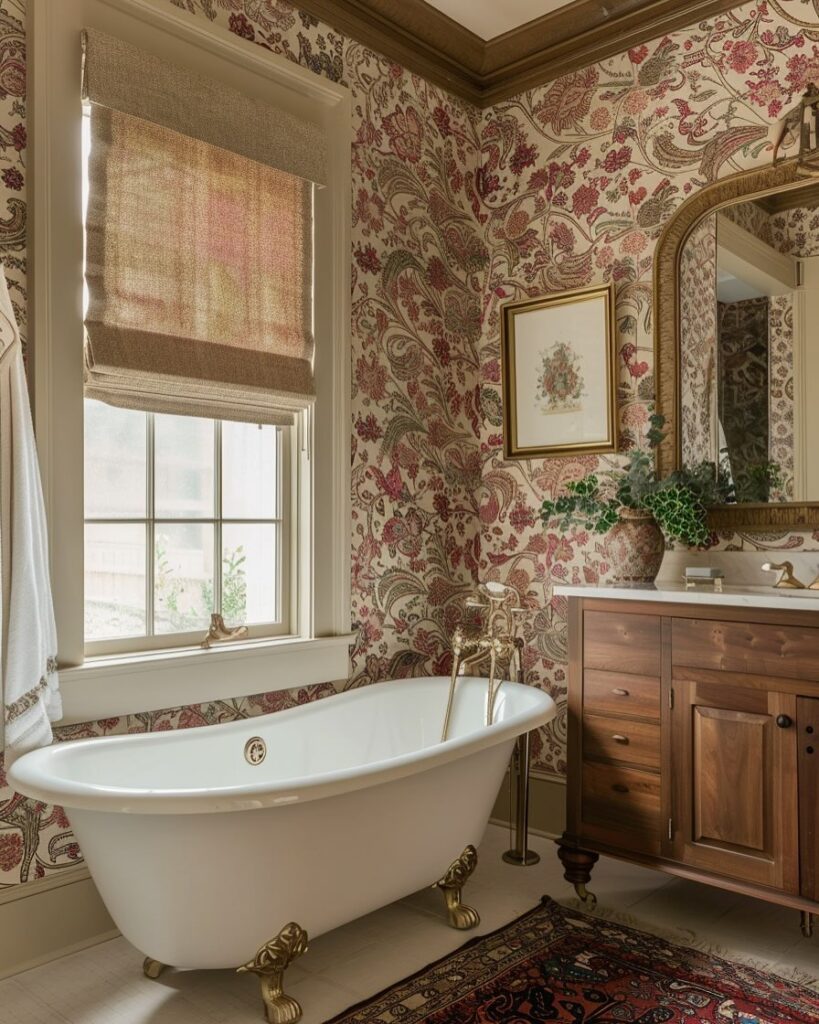 Traditional bathroom with paisley wallpaper and clawfoot tub