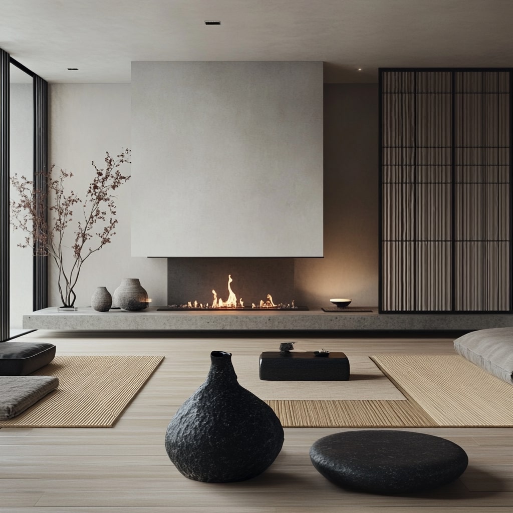 Modern concrete fireplace with stone accessories and tatami mats