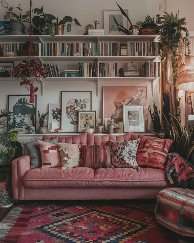  Pink velvet sofa with floating bookshelves gallery wall and hanging plants