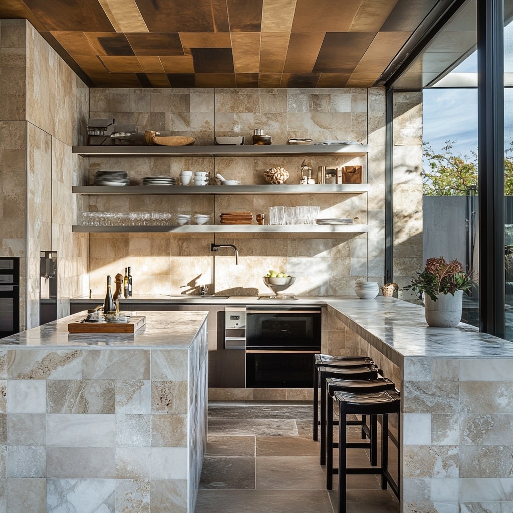 Modern kitchen with beige stone walls floating shelves and black stools