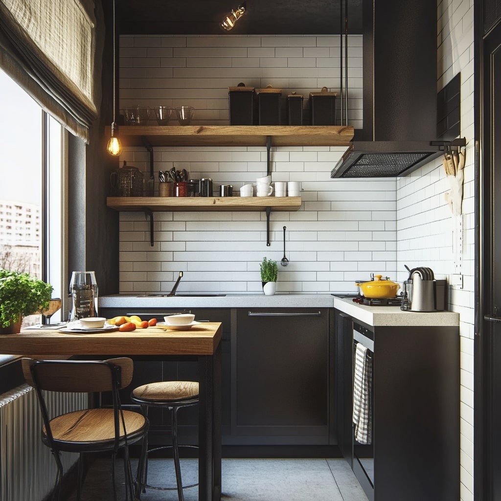 Modern dark kitchen with wooden shelves subway tiles and breakfast nook